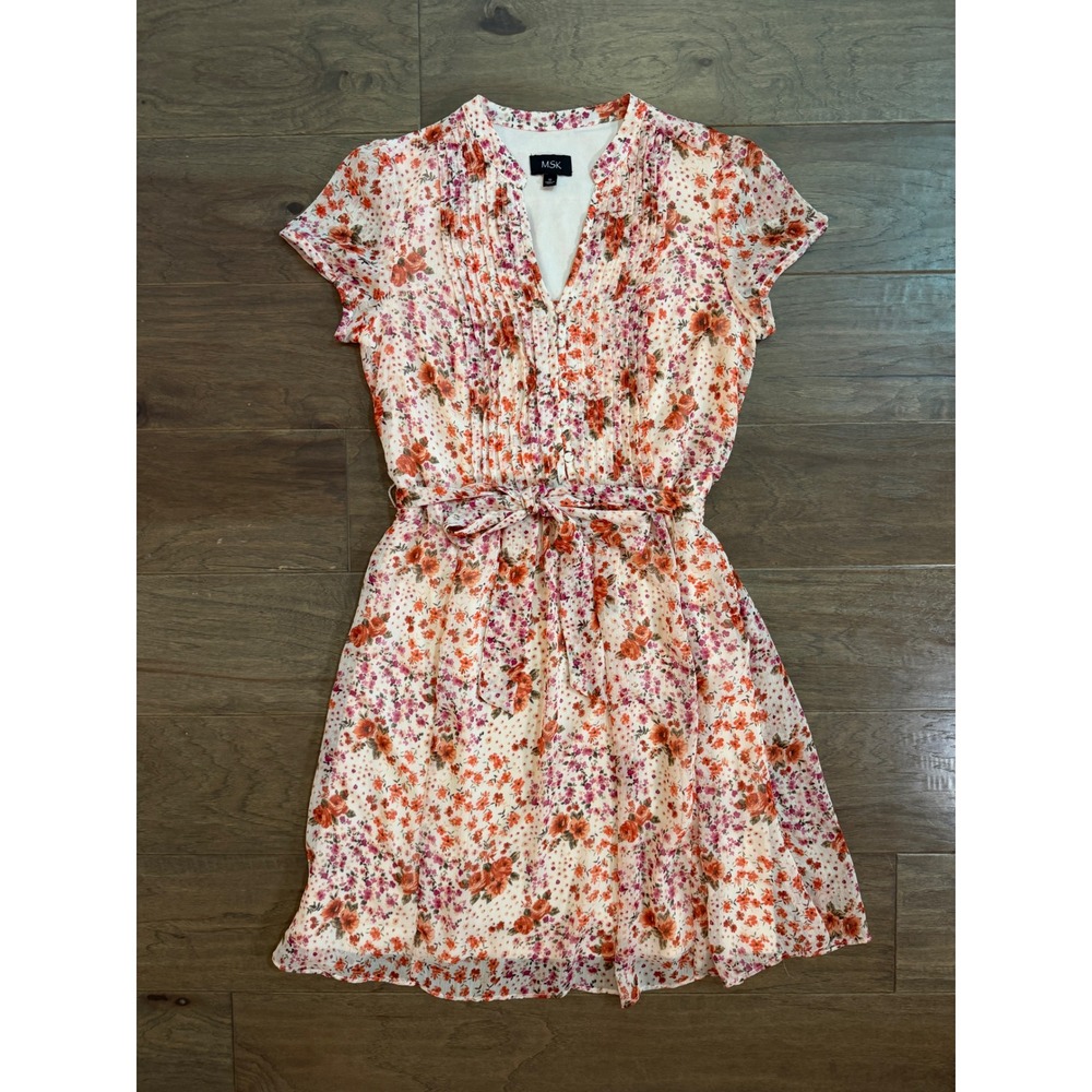 MSK‎ Womens Floral Chiffon Mini Dress Size 10 Orange Pink V-Neck Pintuck Pleated